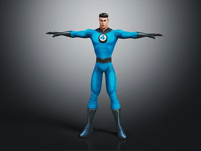 Man in Blue Spandex Suit with Chest Emblem Standing Arms Outstretched 3d model