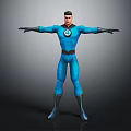 Man in Blue Spandex Suit with Chest Emblem Standing Arms Outstretched
