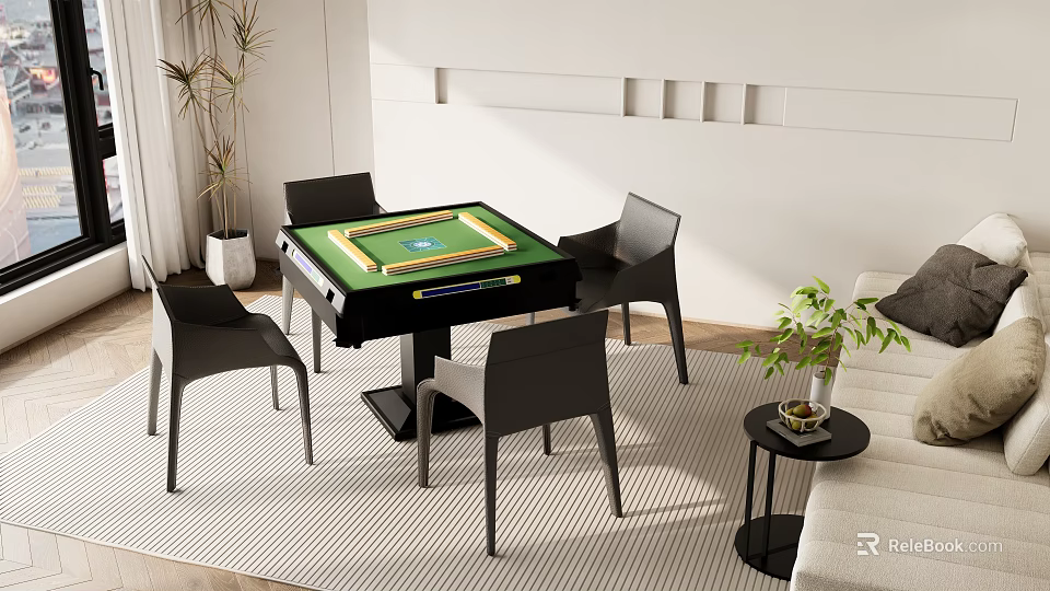 Modern Living Room Entertainment Table With Green Playing Surface And Black Chairs 3d model 