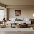 Modern Dining Living Room Interior With Beige Sofa Round Coffee Table And Wooden Dining Table