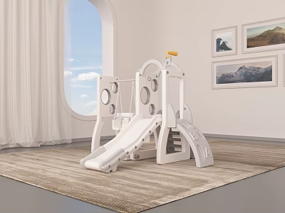 Kids Room Design With White Slide Set Arched Window White Curtains Wall Paintings And Carpet 3d model