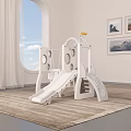 Kids Room Design With White Slide Set Arched Window White Curtains Wall Paintings And Carpet