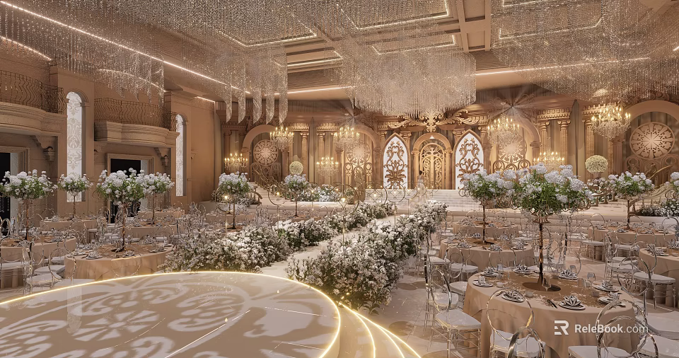 Opulent Banquet Hall With Crystal Chandeliers Decorative Arches And White Floral Arrangements 3d model 