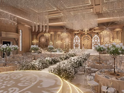 Opulent Banquet Hall With Crystal Chandeliers Decorative Arches And White Floral Arrangements 3d model