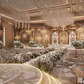 Opulent Banquet Hall With Crystal Chandeliers Decorative Arches And White Floral Arrangements