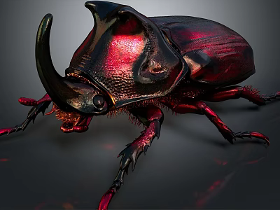 Rhinoceros Beetle With Large Horn Red Black Shiny Exoskeleton And Body Details On Dark Background 3d model