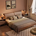 Modern Bedroom With Brown Leather Headboard Wooden Frame Nightstands Lamps Rug And Bean Bag Chair