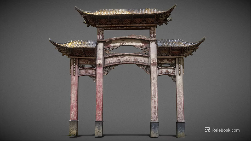 Chinese Traditional Archway With Double Tiered Roof Red Pillars And Intricate Carvings 3d model 