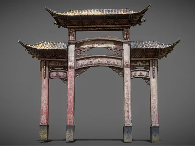 Chinese Traditional Archway With Double Tiered Roof Red Pillars And Intricate Carvings 3d model