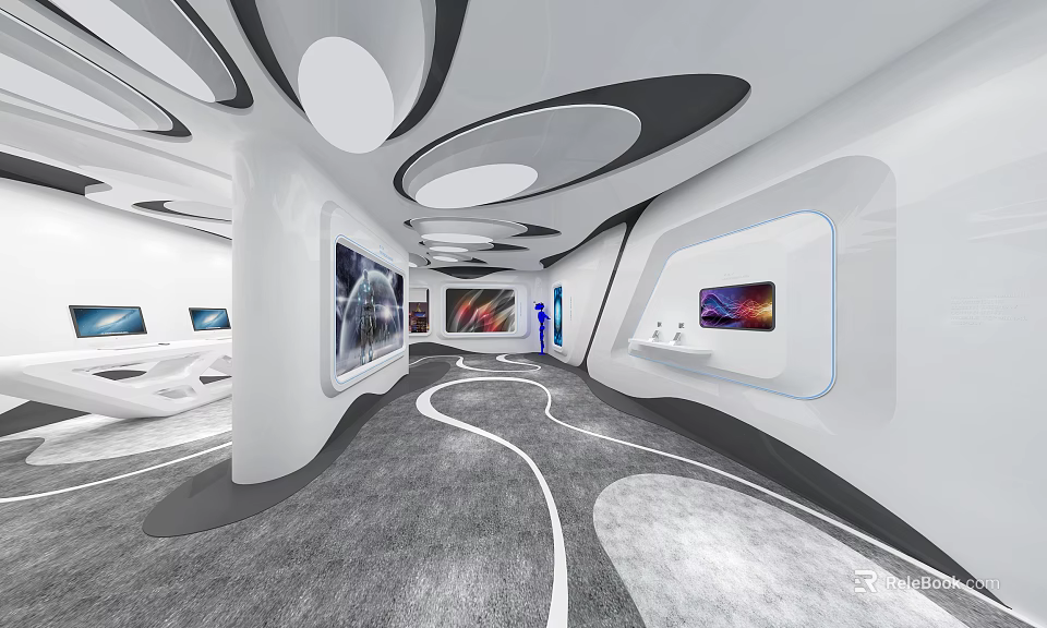 Modern Exhibition Hall With Curved White Black Structures And Display Screens 3d model 