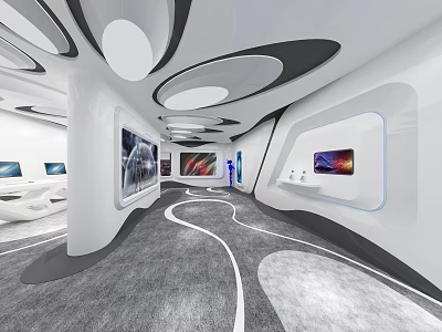 Modern Exhibition Hall With Curved White Black Structures And Display Screens 3d model
