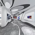 Modern Exhibition Hall With Curved White Black Structures And Display Screens