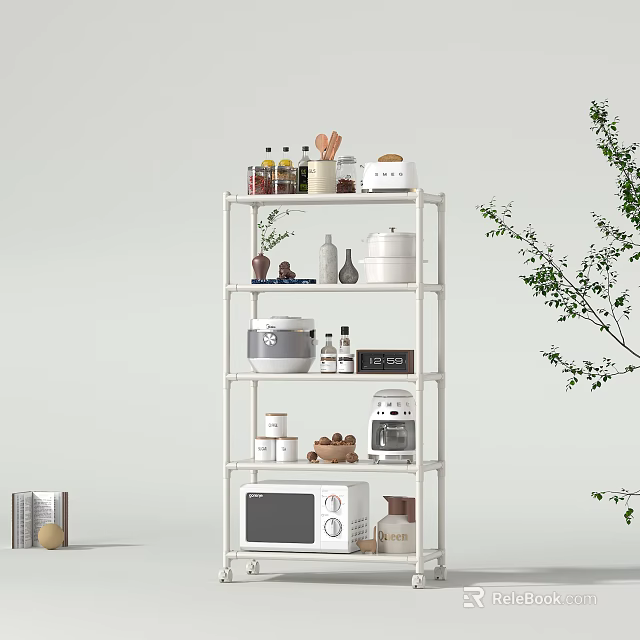 White Multi Tiered Kitchen Shelf With Microwave Rice Cooker Spice Bottles Jars And Plant Decor 3d model 