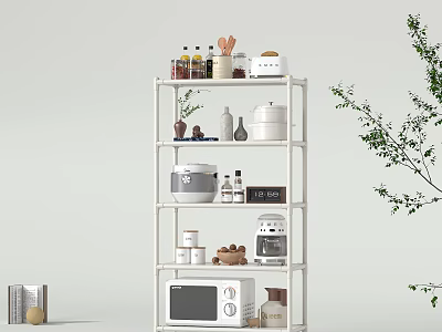 White Multi Tiered Kitchen Shelf With Microwave Rice Cooker Spice Bottles Jars And Plant Decor 3d model