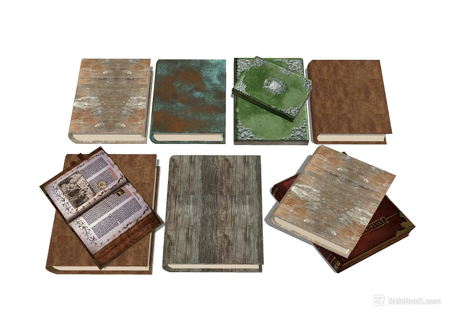 Vintage Books Collection With Various Cover Designs Decorative Patterns And Open Pages 3d model 