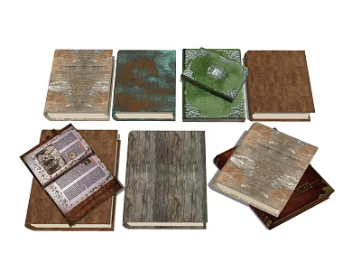 Vintage Books Collection With Various Cover Designs Decorative Patterns And Open Pages 3d model