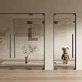 Modern Glass Double Doors in Interior Space with Plant Teddy Bear and Wooden Floor