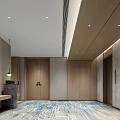 Modern Hotel Corridor Interior With Wooden Walls Decorative Panel Soft Lighting And Patterned Carpet