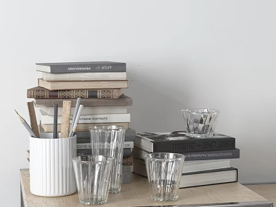 Minimalist Desktop Decorative Ornament Set With Stacked Books White Pen Holder And Glass Cups 3d model
