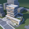 Modern Multi Storey Office Building With Glass Facade And Adjacent Low Structure Fronting Road 3d model