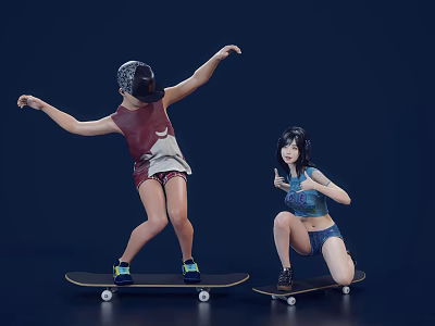 Two People Skateboarding In Dynamic Poses On Dark Background 3d model