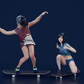Two People Skateboarding In Dynamic Poses On Dark Background