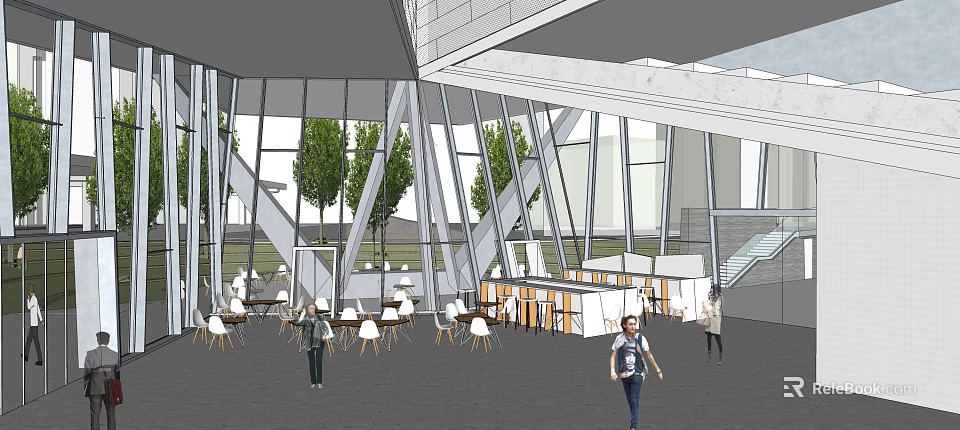 Modern Open Building Interior With Large Glass Windows Trees Tables And People Walking 3d model 