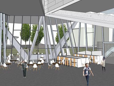 Modern Open Building Interior With Large Glass Windows Trees Tables And People Walking 3d model