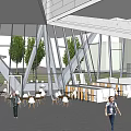 Modern Open Building Interior With Large Glass Windows Trees Tables And People Walking