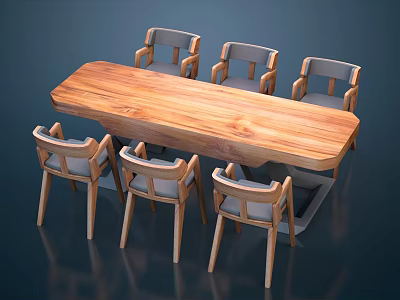 Modern Wooden Dining Table Set With Six Upholstered Chairs And Simple Design 3d model