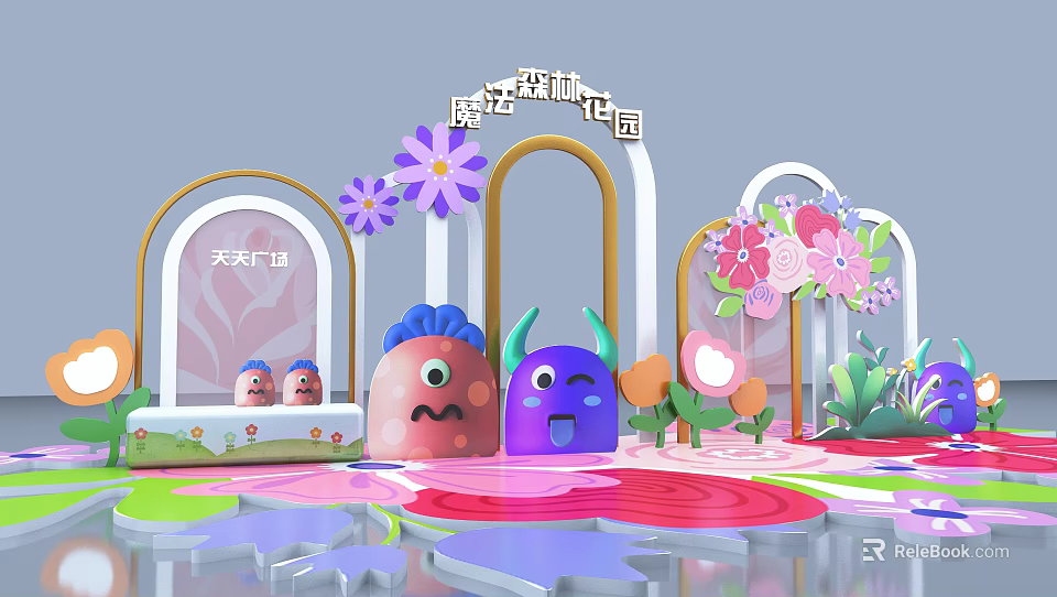 Vibrant Garden Scene With Cartoon Monsters Flowers Arches And Tiantian Square 3d model 