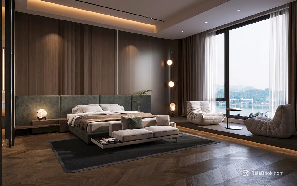 Luxurious Hotel Room Interior With King Bed Wooden Walls And Floor To Ceiling Windows 3d model 