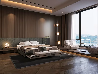 Luxurious Hotel Room Interior With King Bed Wooden Walls And Floor To Ceiling Windows 3d model