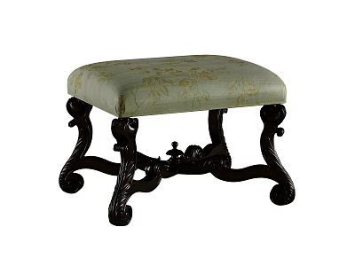 Classic Style Stool With Light Green Gold Floral Upholstered Seat And Dark Carved Legs 3d model