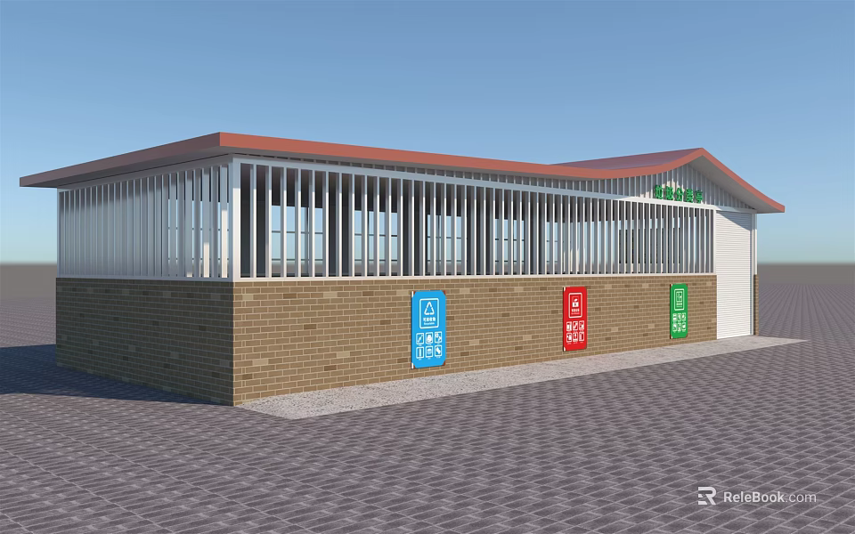 Modern Outdoor Public Waiting Shelter With Red Roof Brick Wall White Railings And Colorful Signs 3d model 