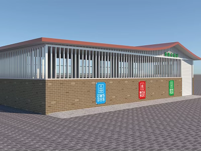 Modern Outdoor Public Waiting Shelter With Red Roof Brick Wall White Railings And Colorful Signs 3d model