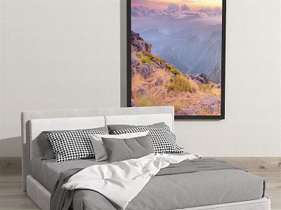 Modern Style Double Bed with Checkered Pillows and Sunset Mountain Landscape Wall Art 3d model