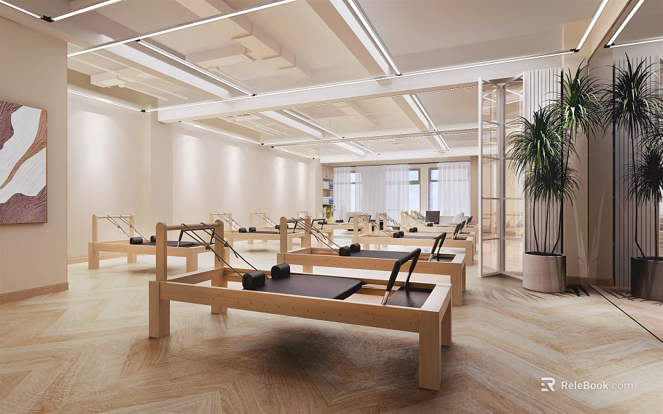 Modern Bright Fitness Studio Interior With Wooden Pilates Reformers And Equipment 3d model 