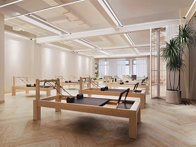 Modern Bright Fitness Studio Interior With Wooden Pilates Reformers And Equipment 3d model