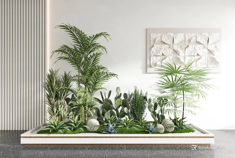 Lush Indoor Landscape With Palm Trees Cacti Succulents And Decorative Wall Art 3d model 