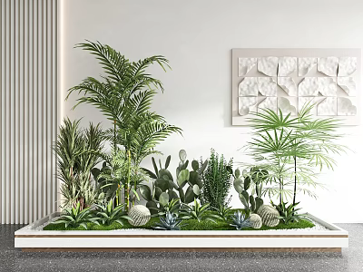 Lush Indoor Landscape With Palm Trees Cacti Succulents And Decorative Wall Art 3d model