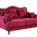 Red Velvet Two Seater Sofa With Curved Backrest Round Armrests Black Legs And Cushions