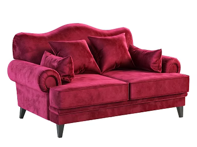Red Velvet Two Seater Sofa With Curved Backrest Round Armrests Black Legs And Cushions 3d model