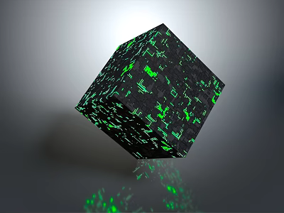 Cartoon Scene Featuring Black Cube With Green Glowing Digital Circuit Patterns 3d model