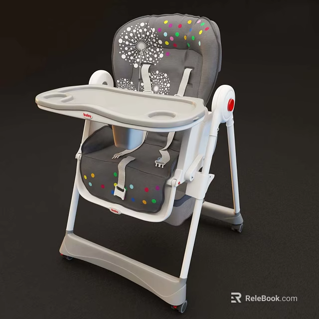 Baby High Chair with Gray Seat Colorful Dot Decorations Cutout Backrest Safety Harness White Tray 3d model 