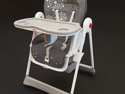 Baby High Chair with Gray Seat Colorful Dot Decorations Cutout Backrest Safety Harness White Tray 3d model
