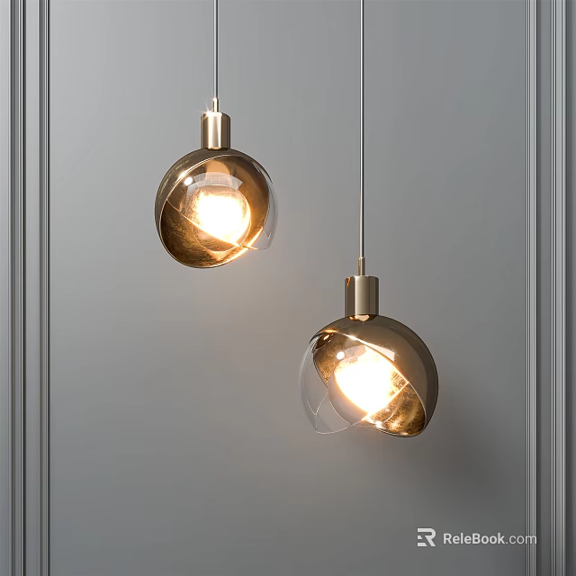 Glowing Modern Pendant Lights With Metallic Base And Transparent Globe Shade On Grey Wall 3d model 