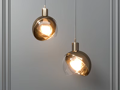 Glowing Modern Pendant Lights With Metallic Base And Transparent Globe Shade On Grey Wall 3d model
