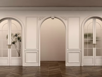 Elegant Interior With White Walls Arched Doorway Glass Doors Potted Plant And Dark Wooden Flooring 3d model