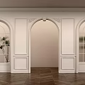 Elegant Interior With White Walls Arched Doorway Glass Doors Potted Plant And Dark Wooden Flooring